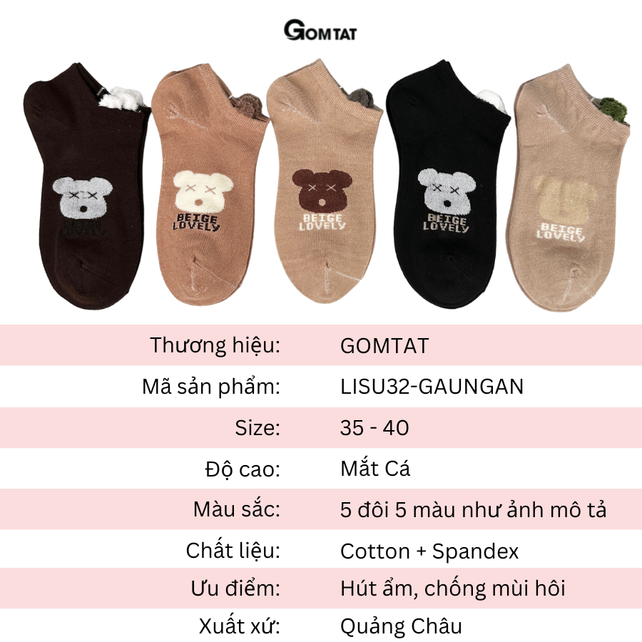 Set 5 đôi tất vớ nữ cổ ngắn GOMTAT dễ thương, mềm mại thoáng mát, khử mùi kháng khuẩn - LISU32-GAUNGAN