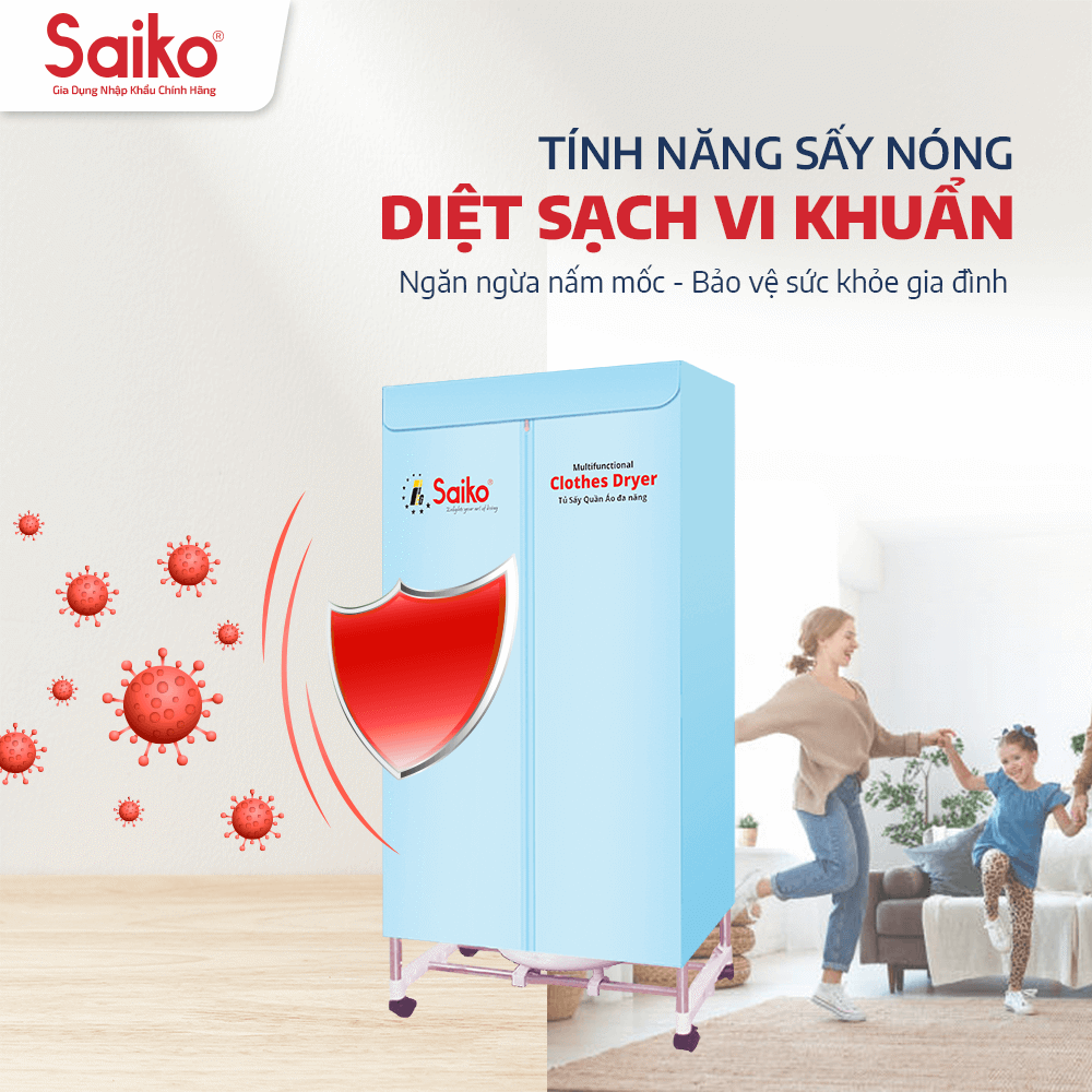 Tủ Sấy Quần Áo Đa Năng Thanh Khung Inox To Dày Saiko CD-1800 (1800W) - Màu Ngẫu Nhiên - Hàng Chính Hãng