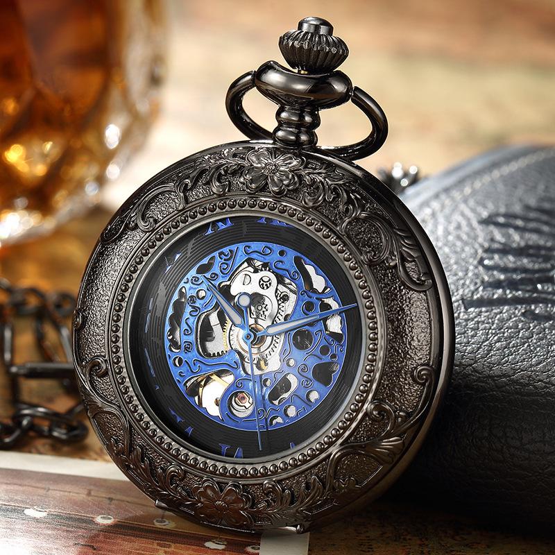 Đồng hồ Pocket - Khắc Skeleton Retro Dial COUND CƠ KHÍ CHO MEN Golden Movement với chuỗi đôi