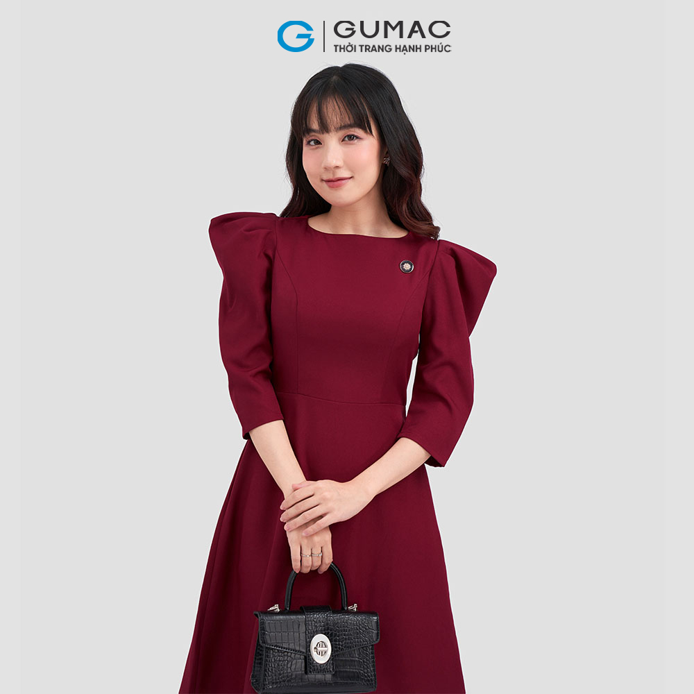 Đầm xòe GUMAC DC12008 cổ thuyền tay nhún sang trọng