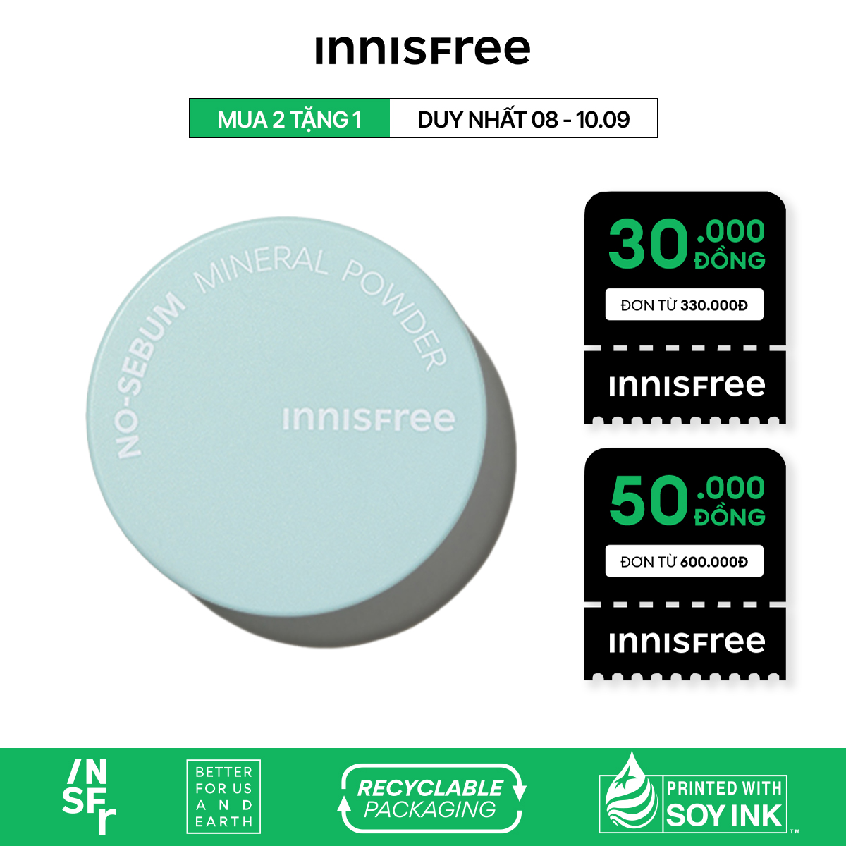 Phấn phủ kiềm dầu dạng nén innisfree No Sebum Mineral Pact 8.5g