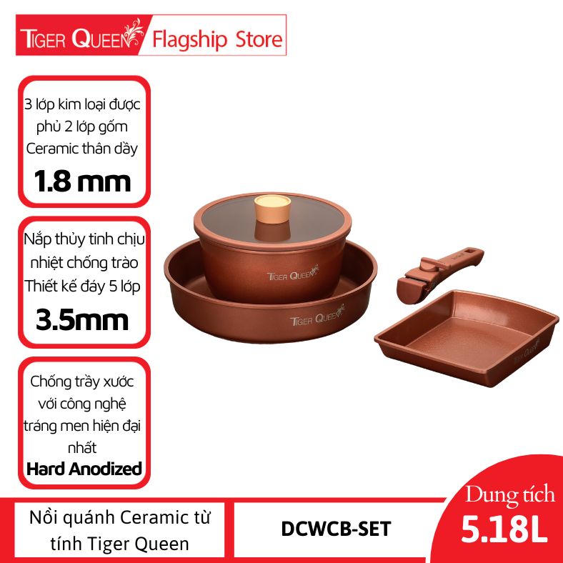 Bộ nồi Ceramic tay cầm rời từ tính Tiger Queen DCWCB-SET [5 món] - Màu nâu chocolate - Chính hãng