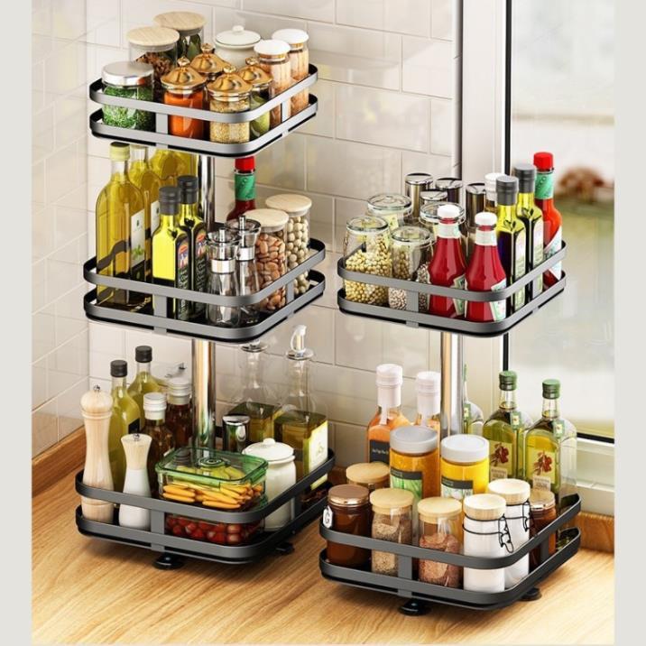 Kệ gia vị đa năng INOX phủ sơn tĩnh điện Đen, kệ xoay vuông tròn 360 độ, Loại Dày Tiết Kiệm Không Gian