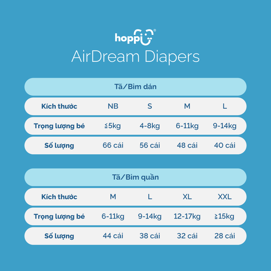 Tã / bỉm quần Hoppi AirDream Diaper số lượng M 44 / L 38 / XL 32 / XXL 28 miếng