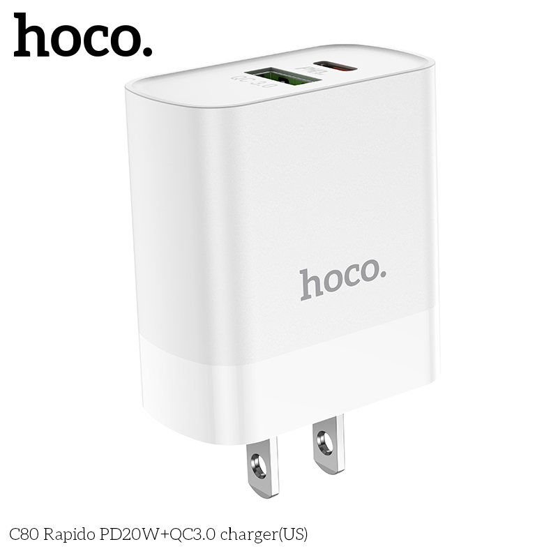 Cóc Sạc Nhanh Hoco C80 PD20W + QC3.0 2 Cổng Sạc TypeC Và USB Hàng Chính Hãng