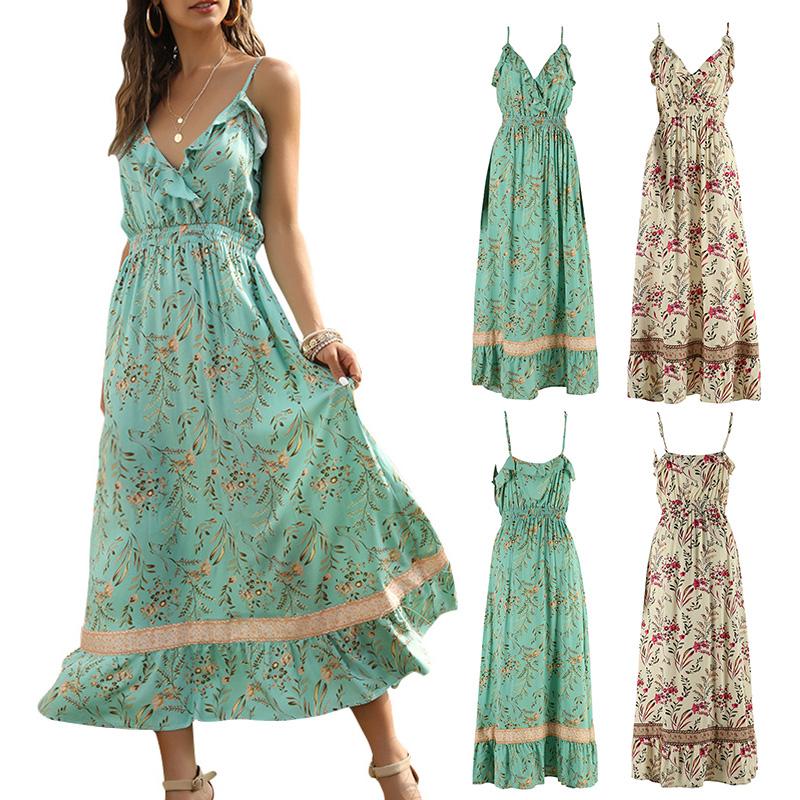 Boho Women Dress Floral Print Deep V Neck Spaghetti Strap Sleeveless High Waist Backless Ruffle Maxi Beach One-piece