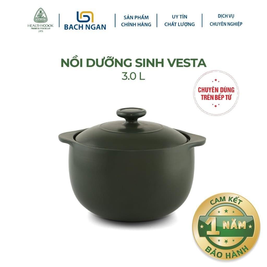 Nồi Sứ Dưỡng Sinh Minh Long - Bếp Từ - Vesta 3.0 L  - Xanh rêu có nắp đậy, an toàn cho sức khỏe, thực phẩm chín sâu và đều