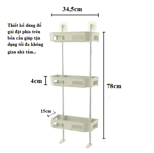 Kệ nhà tắm 3 tầng đa năng, Kệ để đồ nhà bếp, nhà vệ sinh toilet 3 ngăn dán tường, tiết kiệm không gian -GD543-KNT-3T