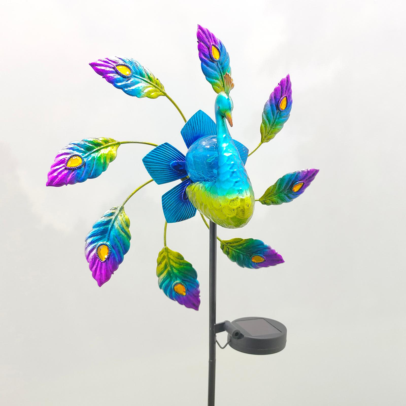 Solar Wind Spinner LED Light Peacock Sculpture WindMill Outdoor Garden Stake