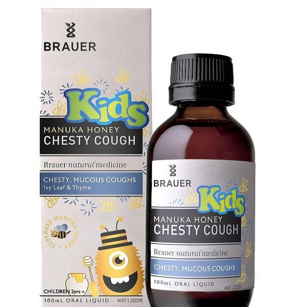 Siro hỗ trợ giảm ho có đờm cho bé trên 2 tuổi - Brauer Kids Manuka Honey Chesty Cough 100 ml + tặng khăn Cotton xuất khẩu