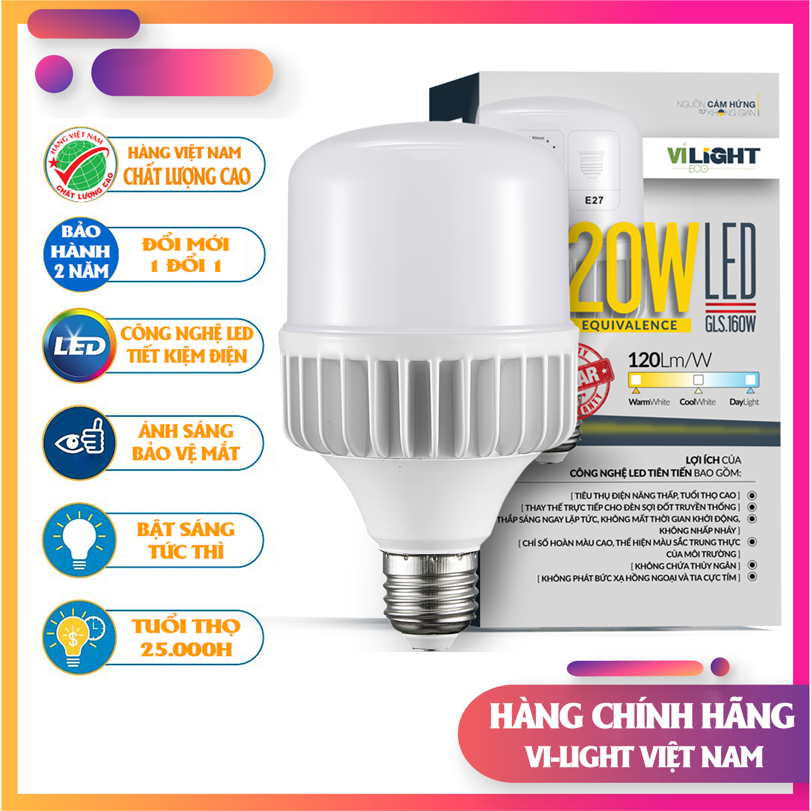 Bóng đèn LED Bulb 20W Vi-Light thân nhôm ánh sáng trắng