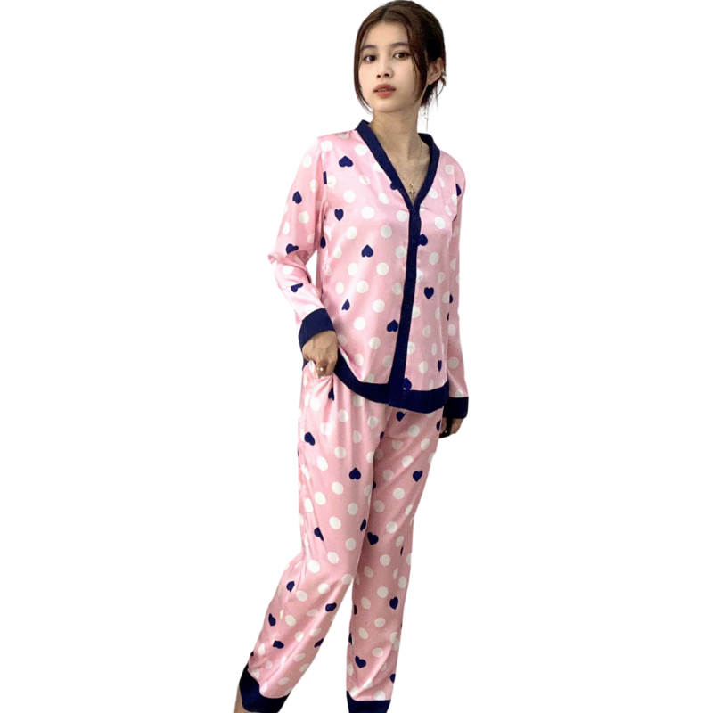 Đồ bộ pyjama nữ, đồ mặc nhà cao cấp VILADY - B103 kiểu cổ V tay dài quần dài họa tiết chấm Bi màu hồng, chất liệu lụa Pháp siêu mát