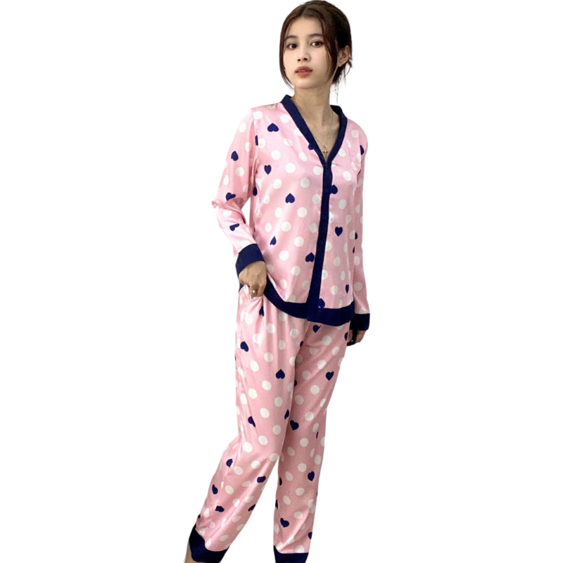 Đồ bộ pyjama nữ, đồ mặc nhà cao cấp VILADY - B103 kiểu cổ V tay dài quần dài họa tiết chấm Bi màu hồng, chất liệu lụa Pháp ( lụa latin) siêu mát