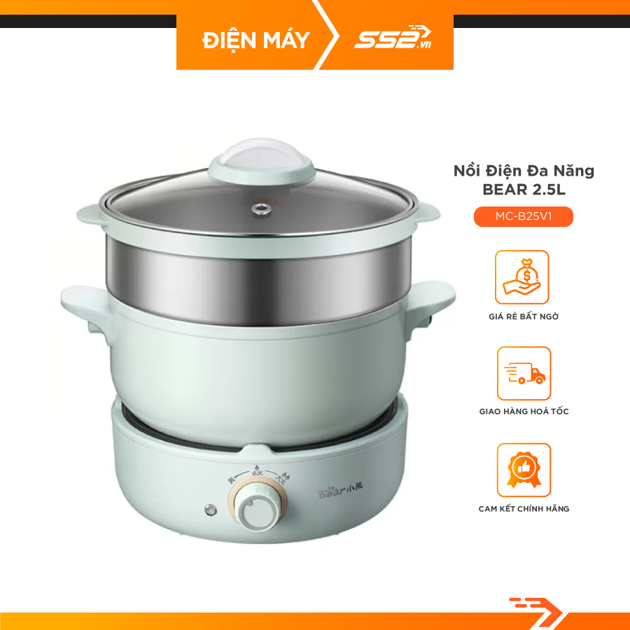 Nồi điện đa năng Bear 2.5 lít MC-B25V1 (kèm lồng hấp) - Hàng Chính Hãng