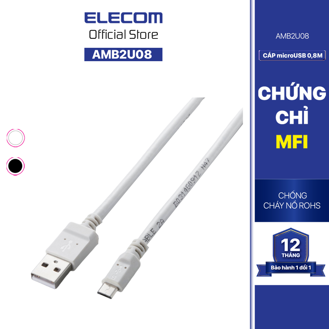 Dây cáp microUSB , 0.8m, 2A ELECOM MPA-AMB2U08 - Hàng chính hãng
