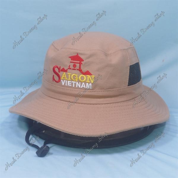 Nón tai bèo nón lính nam thêu chữ Sài Gòn Việt Nam, có lỗ thông gió bên hông nón - Kaki Đậm