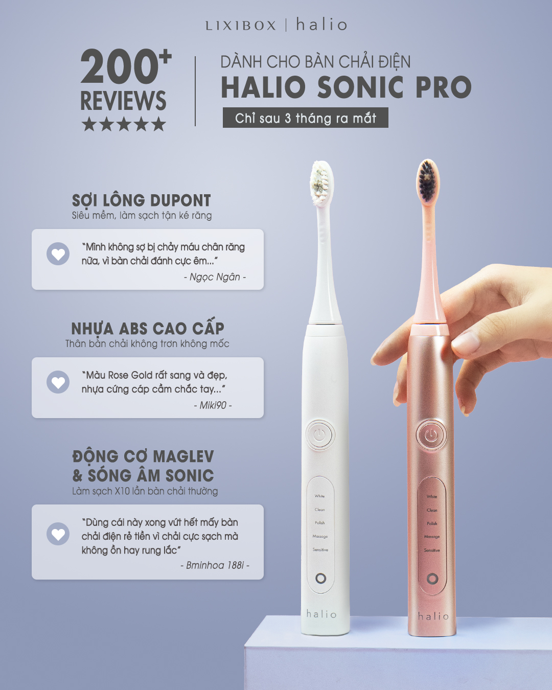 Combo Bàn chải điện Sonic Whitening Toothbrush -  Rose Gold  Máy Tăm Nước Cầm Tay Halio UltraClean Oral Irrigator - Periwinkle