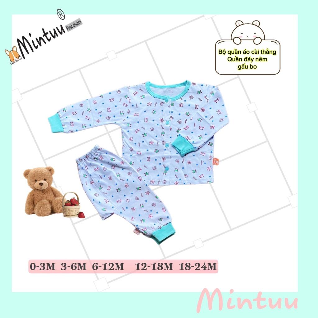 Bộ quần áo sơ sinh tay dài in bông, cài thẳng thương hiệu MINTUU, chất liệu vải 100% cotnton cho bé 0 - 2 tuổi
