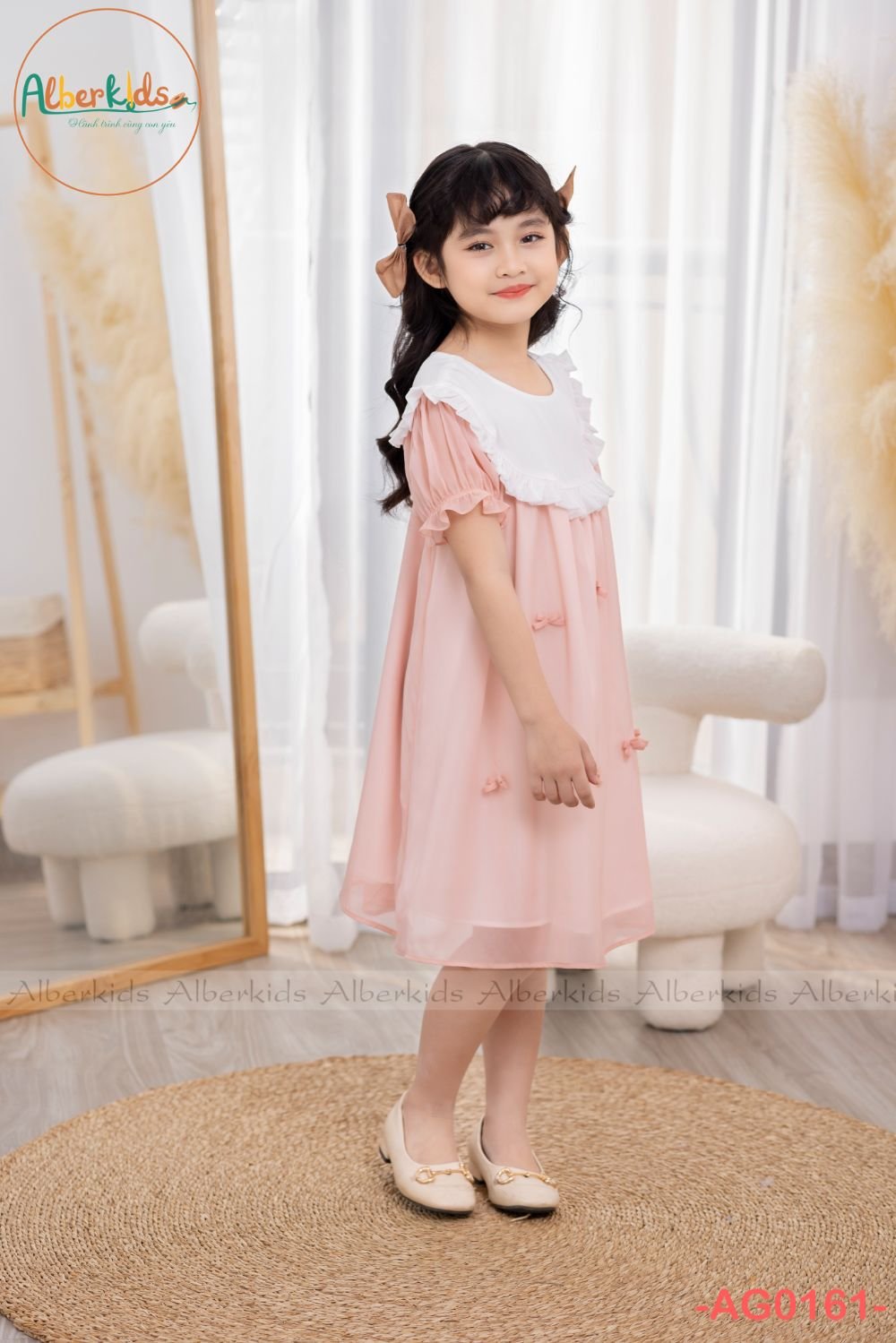 Váy hè cho bé gái, Đầm babydoll trẻ em 2-10 tuổi cổ điệu đính nơ vải tơ nhẹ hàng thiết kế kiểu dáng điệu đà