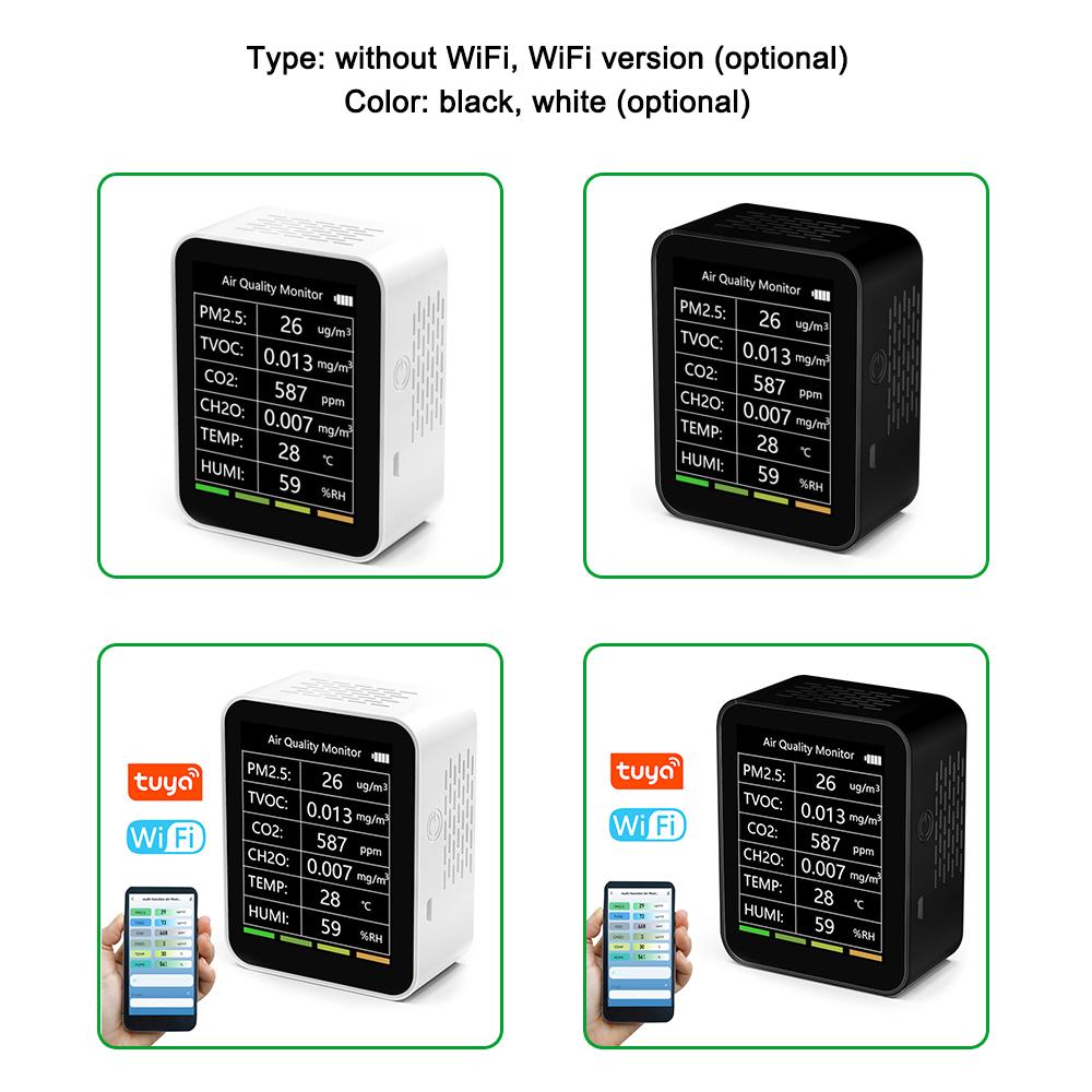Tuya WiFi Portable Home Office Indoor Desktop Air Quality Detector 6 In 1 Multifunctional Detector PM2.5 TVOC CO2 CH2O Temperature Humidity Detecting Intelligent Linkage Mobilephone APP Remotes Viewing