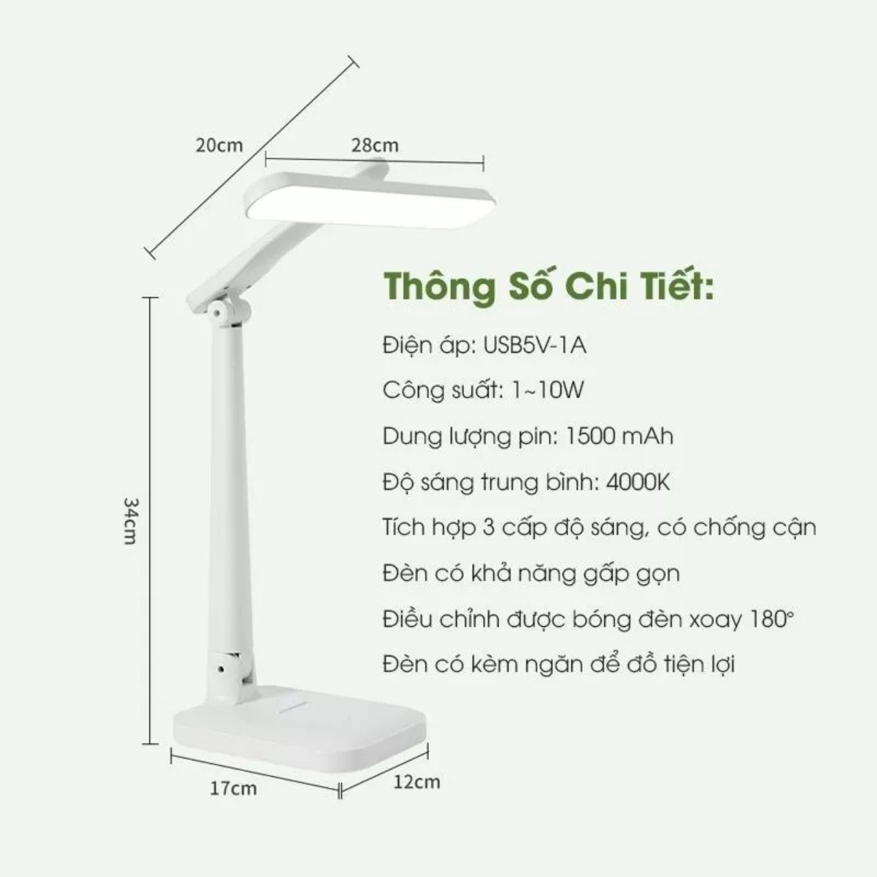 Đèn học tích điện , đèn bàn chống cận 3 chế độ sáng gấp gọn tiện lợi