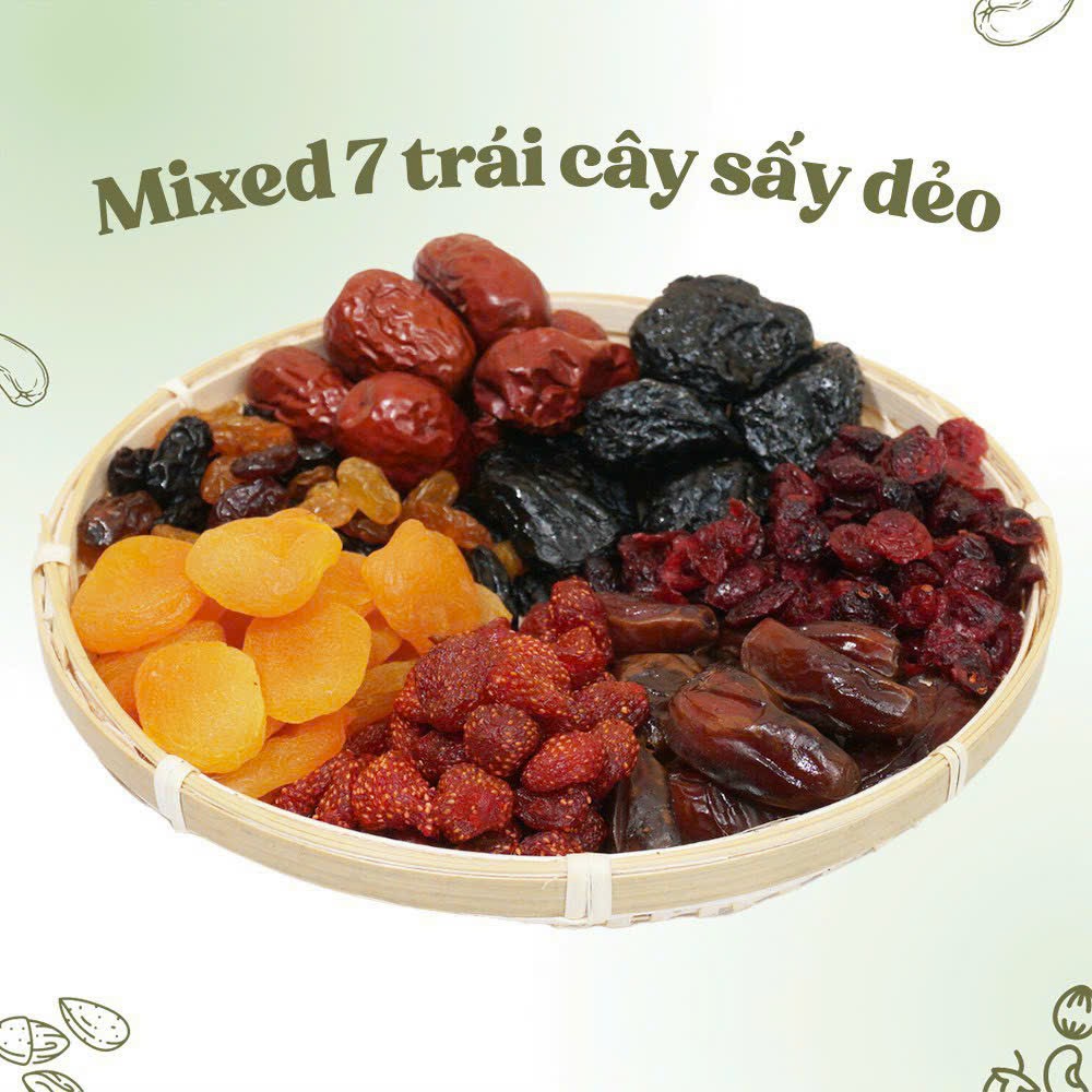 Mix 7 Loại Trái Cây Sấy ( Táo đỏ, Chà là nguyên cành, Nho khô, Dâu Tây, Nam Việt Quất, Mơ sấy, Mận khô )