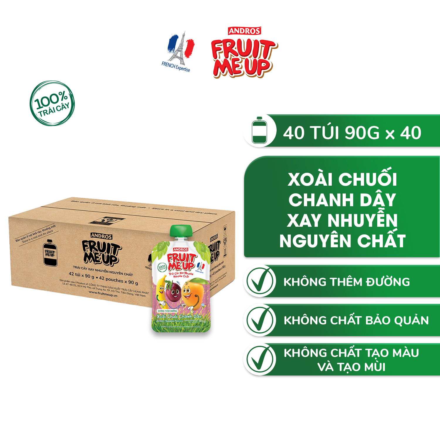 Trái Cây Xay Nhuyễn Nguyên Chất Andros Fruit Me Up - Xoài Chuối Chanh dây - Thùng 40 túi - 90g x 40