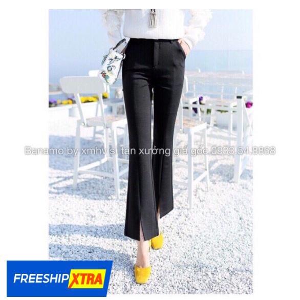 Quần vải ống loe xẻ trước cạp cao dáng xinh thời trang Banamo Fashion quần loe xẻ gấu 435