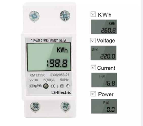 Công tơ điện tử đồng hồ điện thiết bị đo công suất LS-Electric 8A hiển thị 4 thông số U I P KWh độ chính xác cao