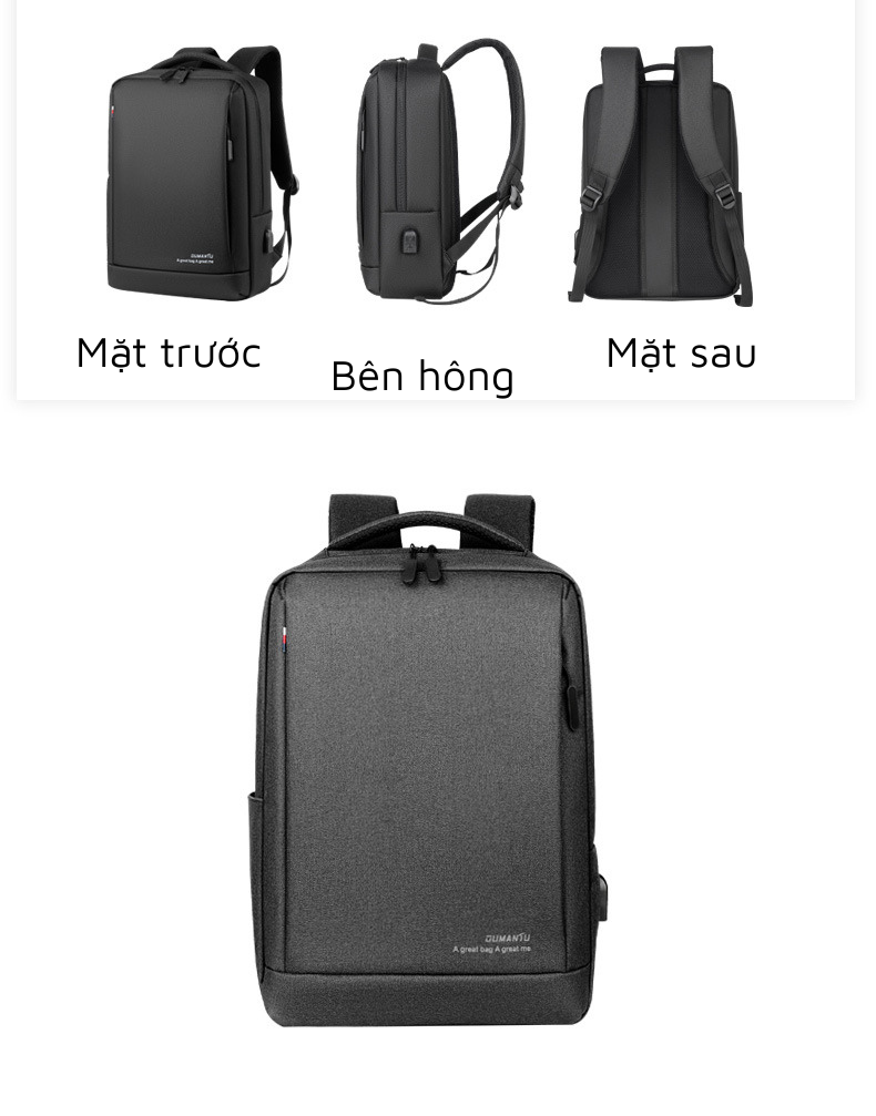 Balo laptop có cổng sạc USB, vải thoáng chống nước màu đen