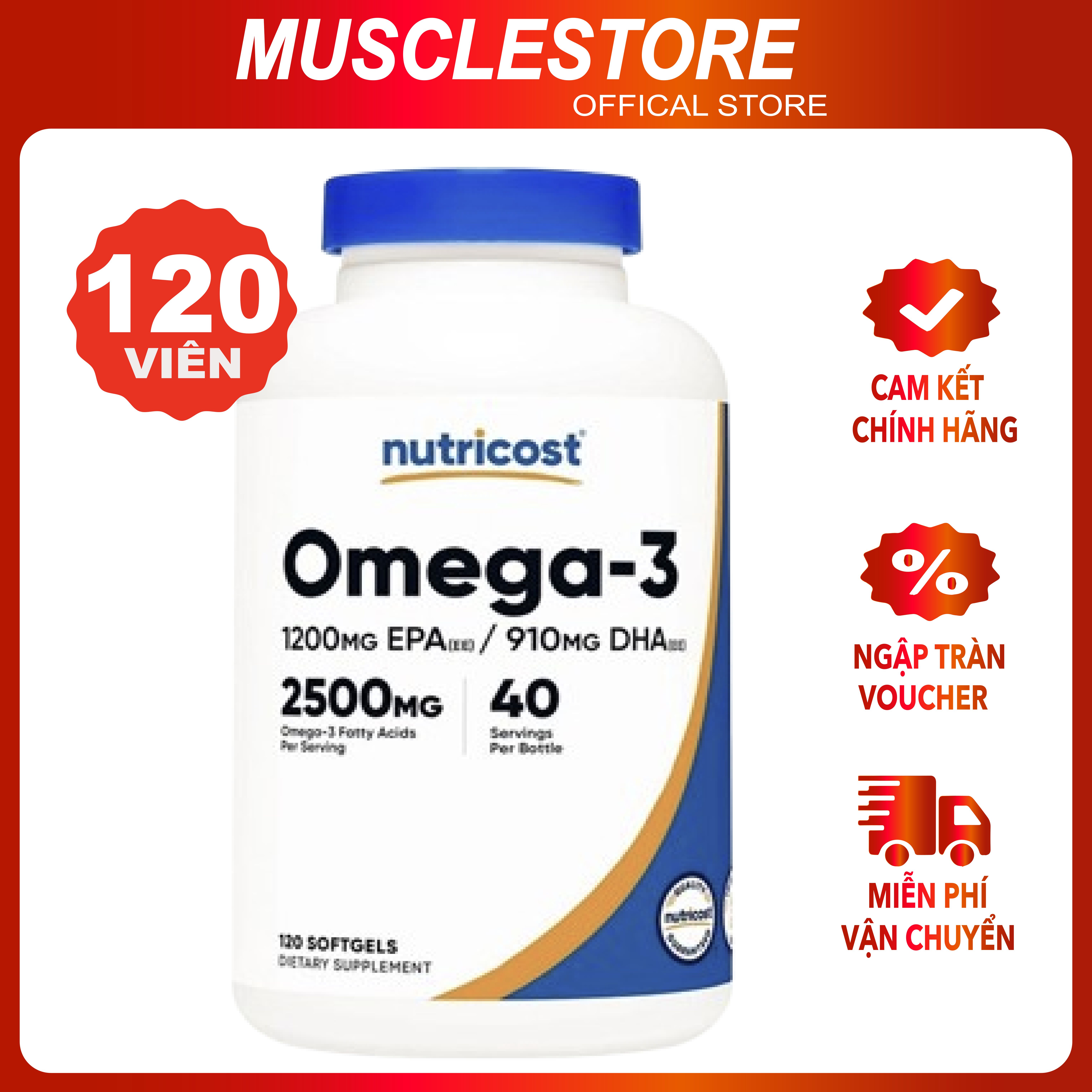 Nutricost Omega-3 2500mg (120 viên), Viên Uống Hỗ Trợ Sức Khỏe Toàn Diện, Bổ Sung EPA Và DHA