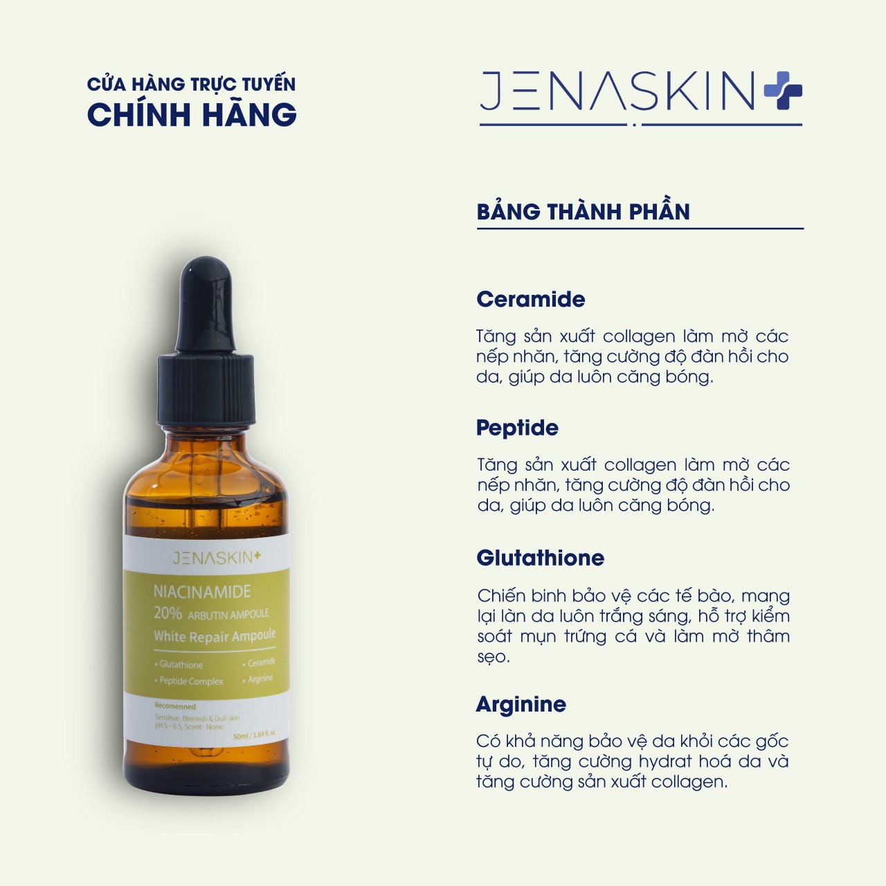 Tinh chất dưỡng Trắng Jenaskin Niacinamide 20%, Serum dưỡng sáng da, trắng da, giảm thâm nám 50ml