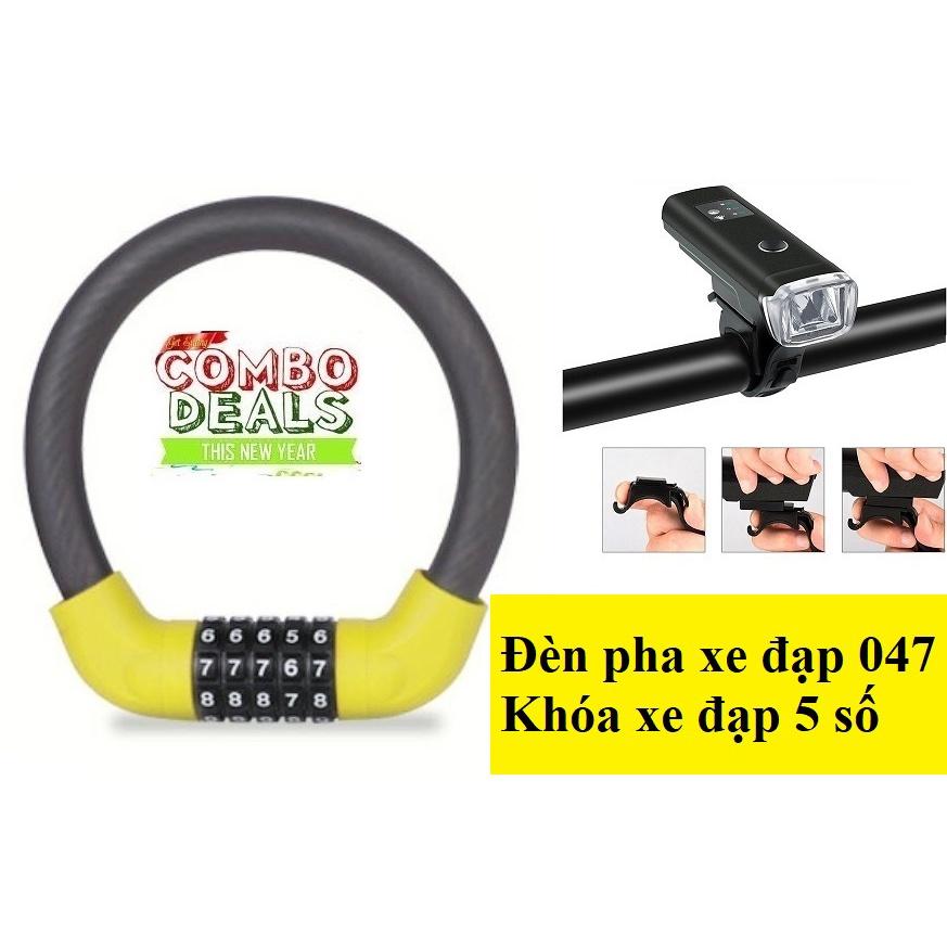 Combo Đèn trước xe đạp siêu sáng, sạc USB HJ-047+Khóa xe đạp 5 số đổi được mã