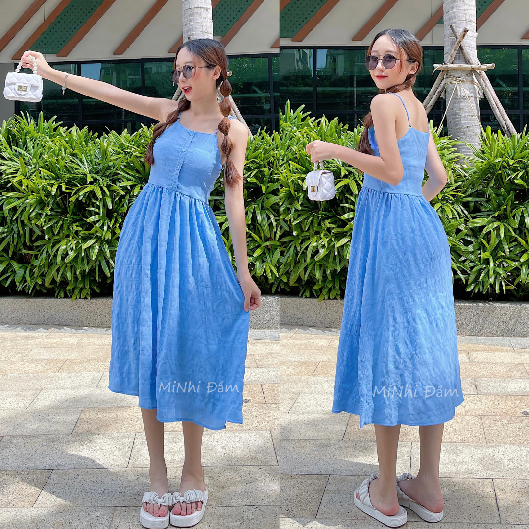 Đầm 2 dây màu xanh dương dáng xòe, Đầm maxi 2 dây dài Cao Cấp đính nút ngực, nữ tính quyến rũ MiNhi