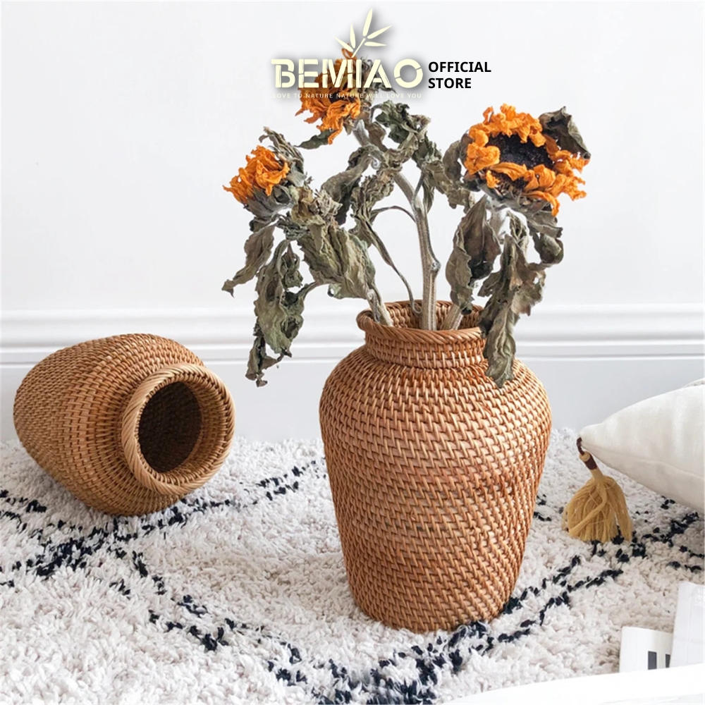 Bình hoa, lọ hoa bằng song mây đựng hoa khô, trang trí nhà cửa decor home Bemiao