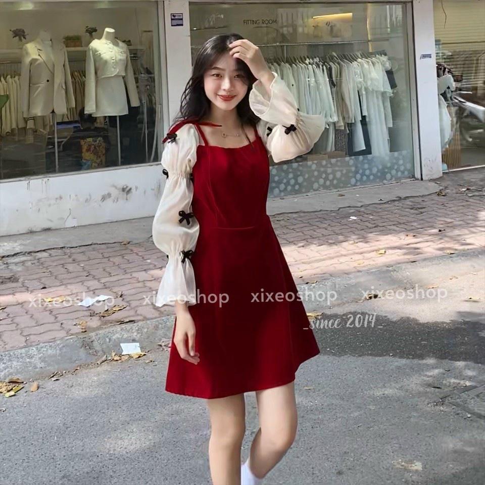 Đầm xoè nhung tay dài đính nơ
