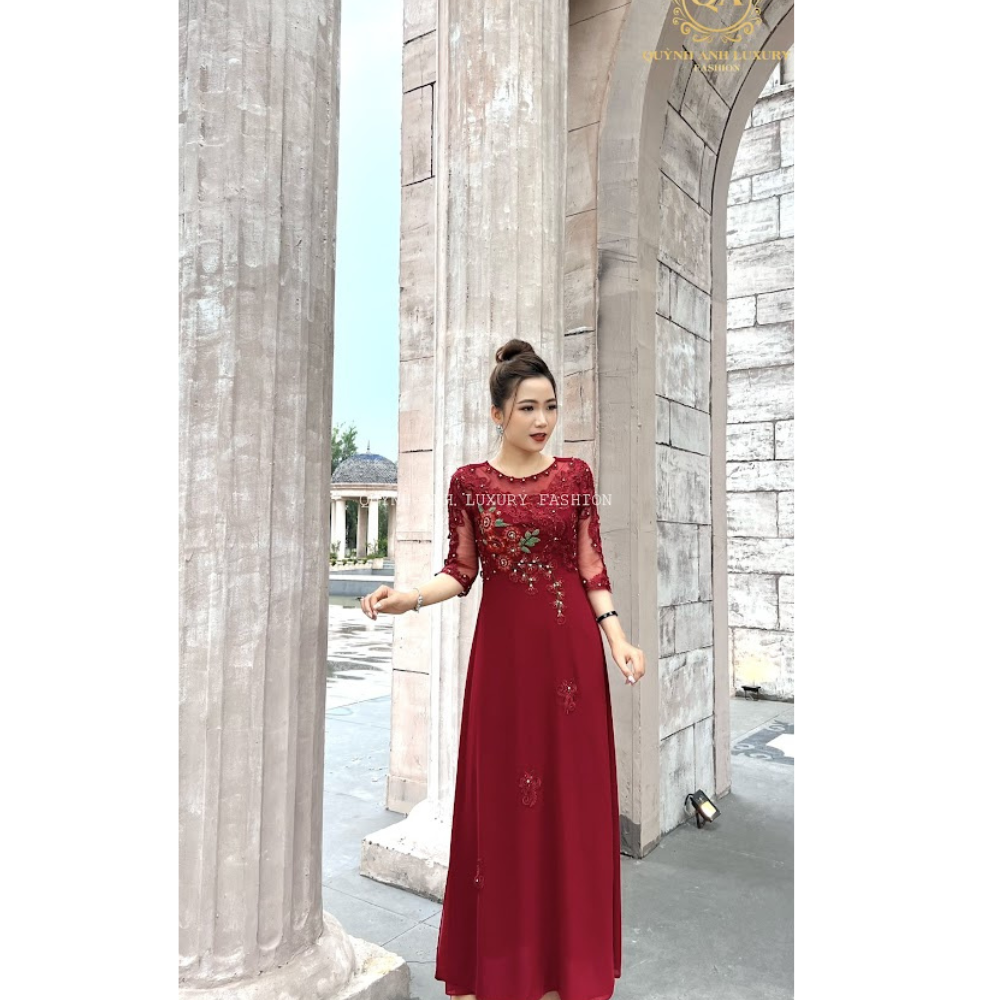 Áo dài dạ hội màu đỏ đô trung niên cho mẹ áo dài bà sui cao cấp sang trọng