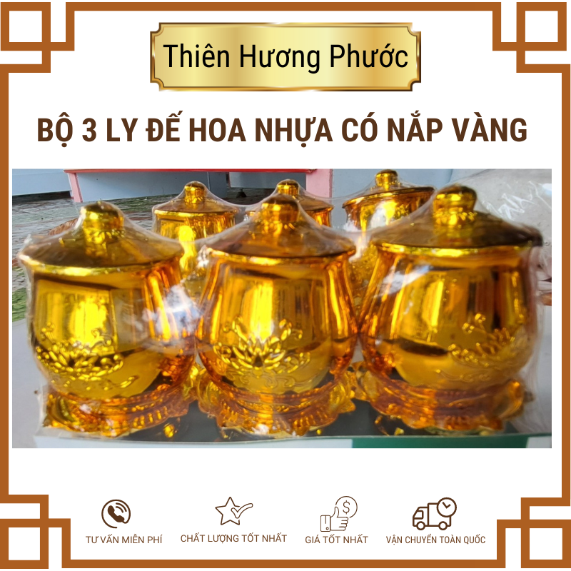 3 ly nhựa có nắp kèm đế hoa màu vàng