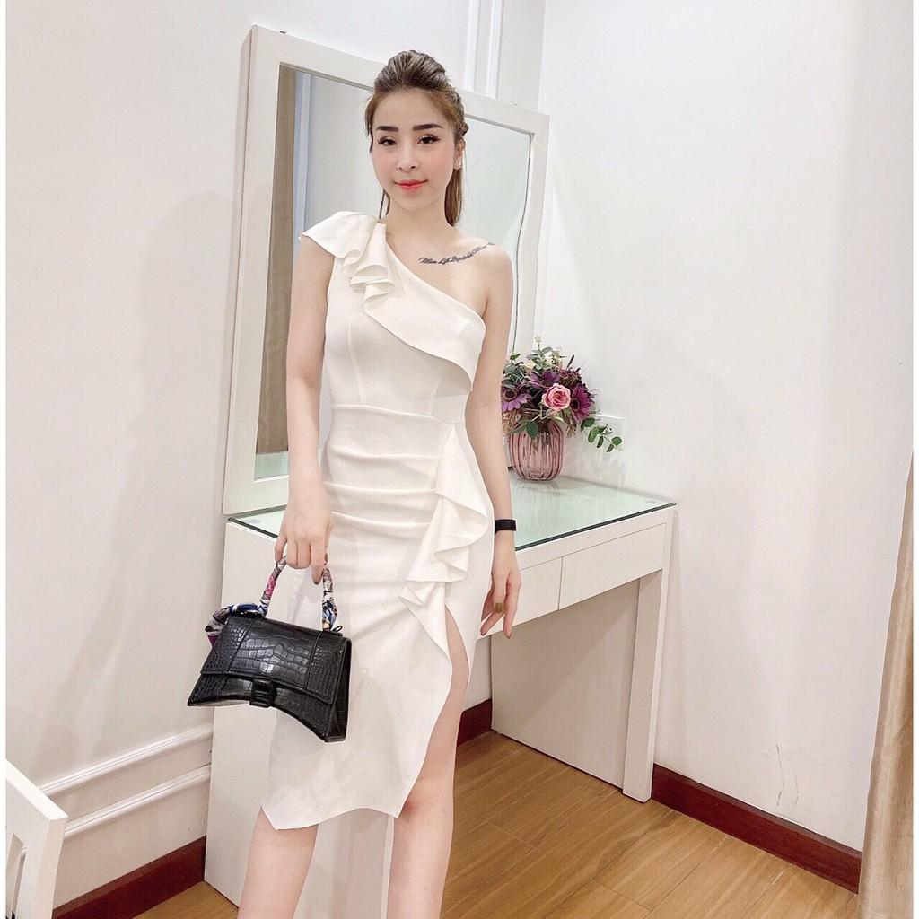 Đầm body dự tiệc lệch vai phối bèo