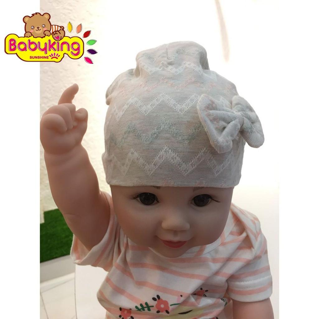 Nón sơ sinh đan bông 2 lớp kiểu cái nơ cho bé từ 0-6 tháng , chất liệu cotton 100% , thương hiệu Aiueo Nhật Bản