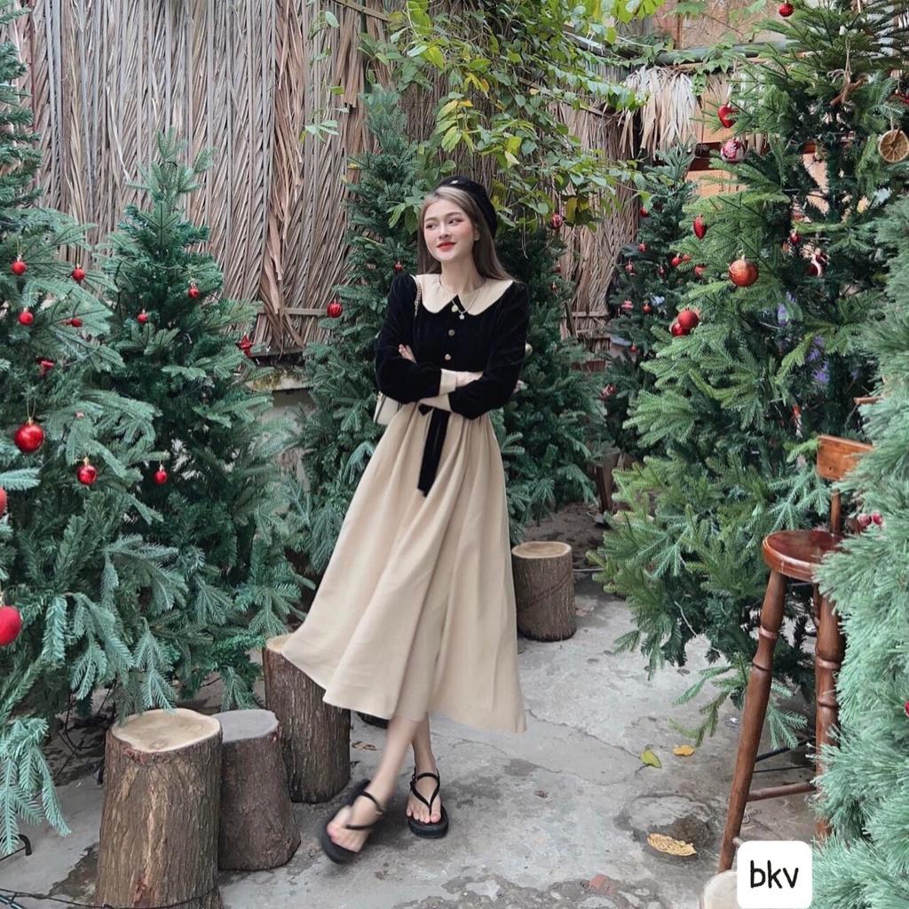 Váy Midi Nhung Đen Cổ Búp Bê Dáng Xoè Siêu Xinh Có Ảnh, Kèm Video Thật