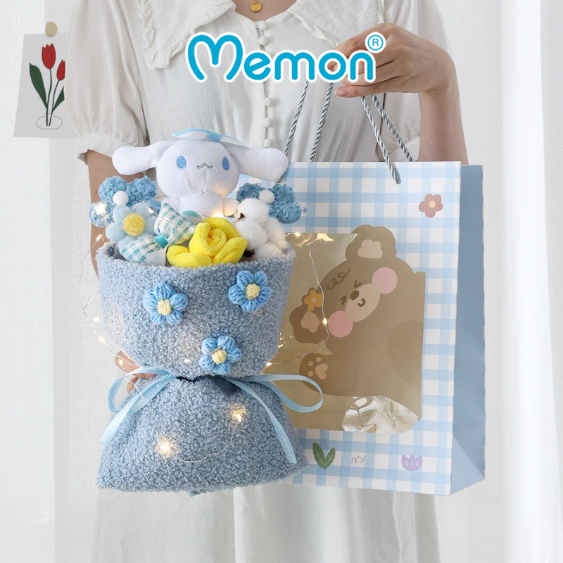 Set Bó Hoa Gấu Dễ Thương (Kèm Túi + Đèn) Cao Cấp Memon, Bó Hoa Bông Qùa Tặng Dễ Thương