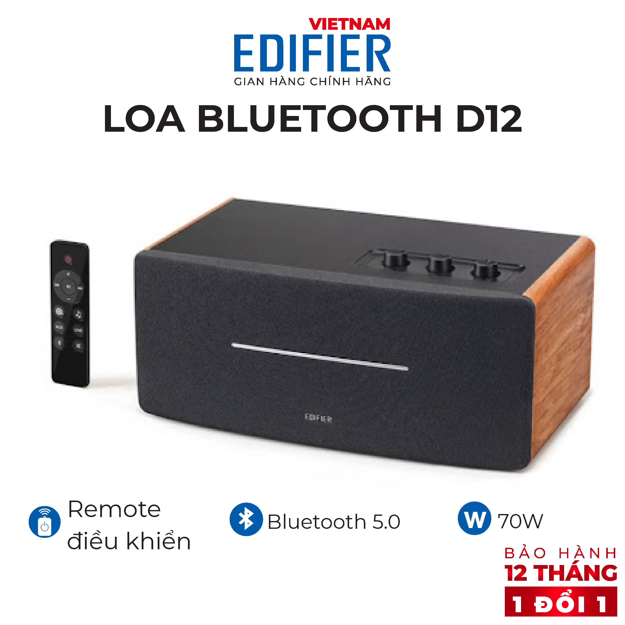 Loa Bluetooth 5.0 EDIFIER D12 Vỏ gỗ chống dội âm - Hỗ trợ AUX âm thanh nổi Stereo - Kèm remote điều khiển - Hàng chính hãng