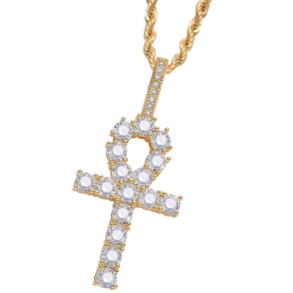 Necklace with Key Cross Pendant Zircon Jewel Accessory for Women Men Golden