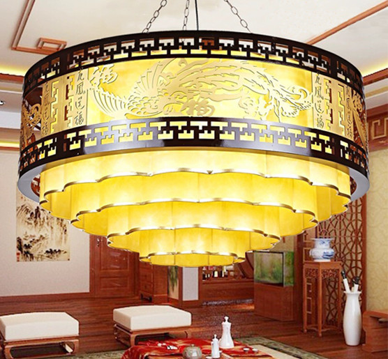 Đèn gỗ thả trần phòng thờ hình vân mây