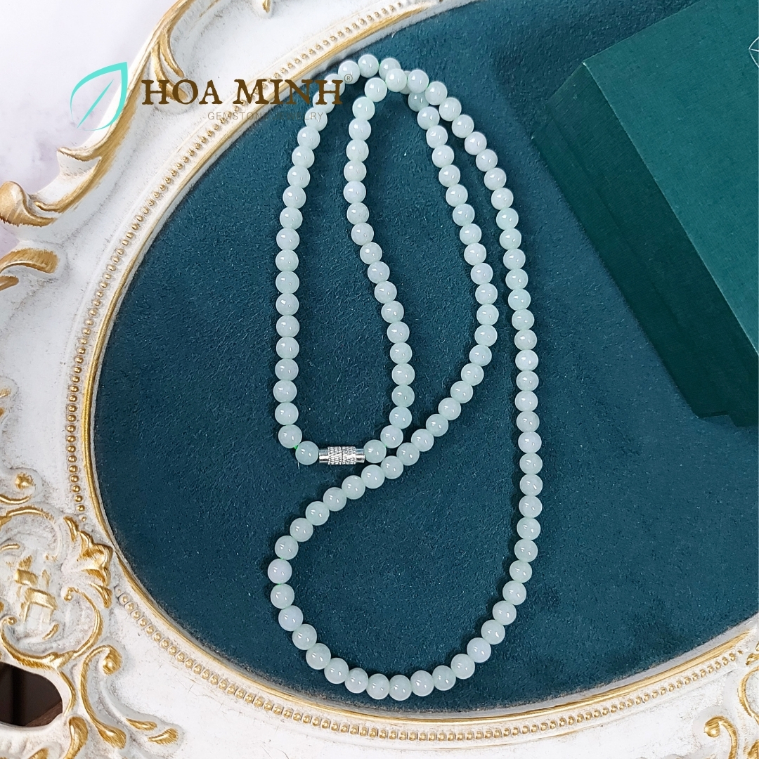 Vòng cổ 108 hạt ngọc Cẩm Thạch A xanh táo size hạt 5.5 li (có thể đeo thành vòng tay) VIP, trong bóng | Hoa Minh Gem