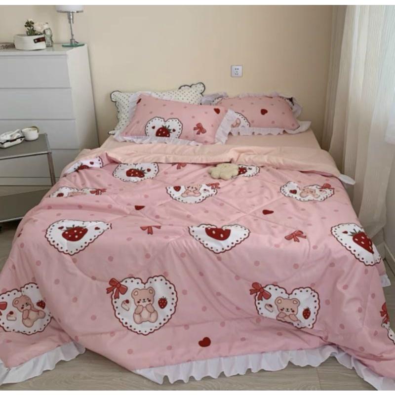 Bộ Chăn Vỏ Ga Gối Cotton Đũi phối bèo Chăn Hè