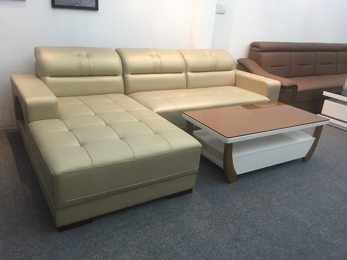 Sofa da góc L Tundo 2m5 x 1m6 tay vuông màu kem có thể chọn màu