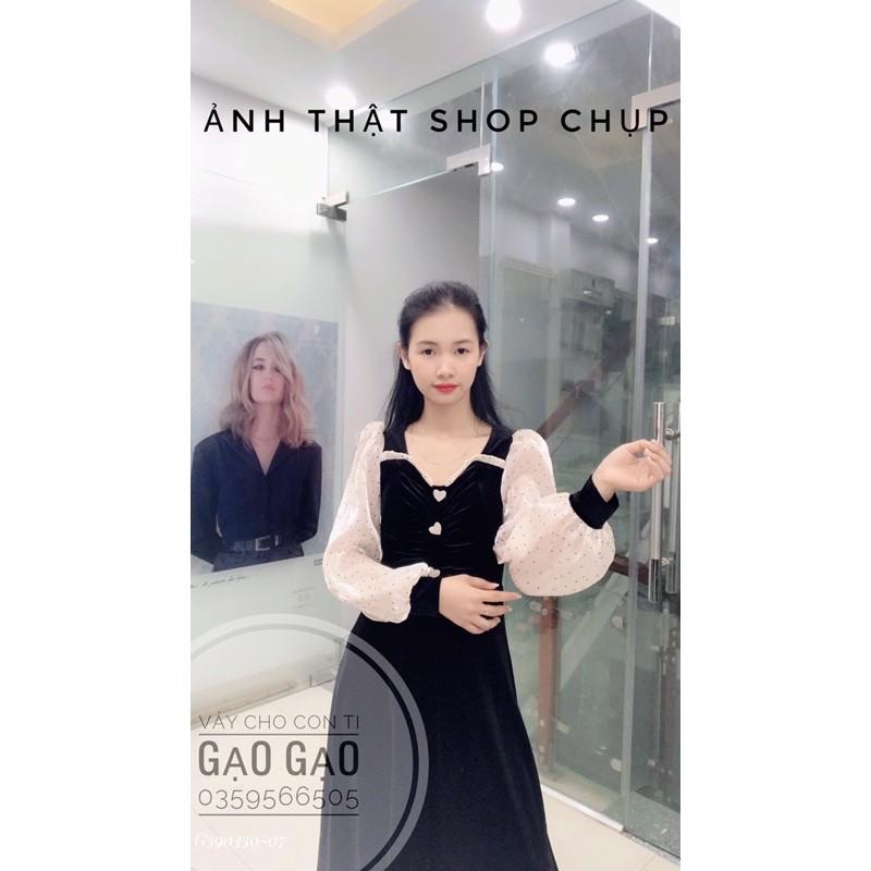 Váy nhung phối tay tơ oganza cao cấp cho con bú KÈM ẢNH THẬT SHOP CHỤP