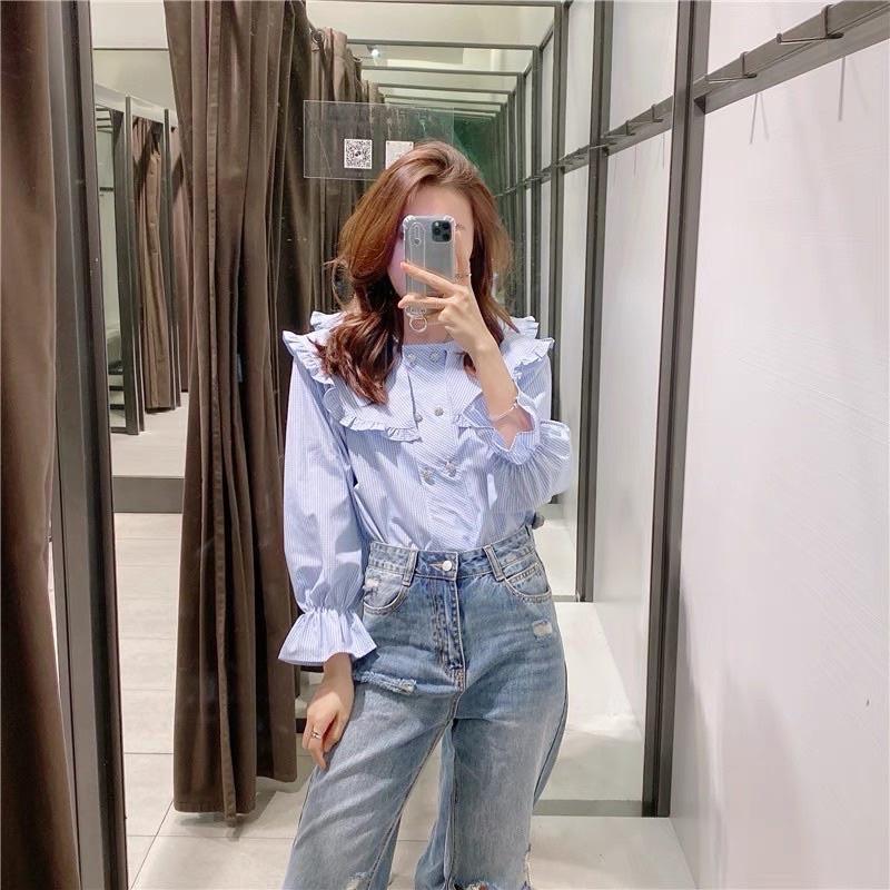 Áo sơ mi kẻ cổ bèo lá cúc ngọc - Áo babydoll cách điệu trẻ trung mẫu mới 2022